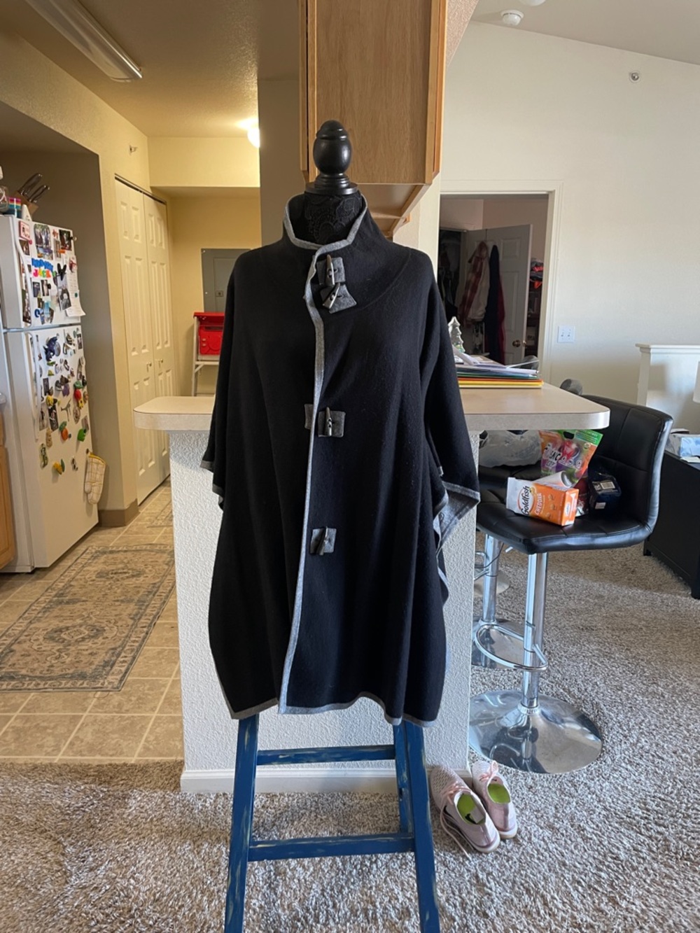 Women's Black Cape Sweater with Gray Trim